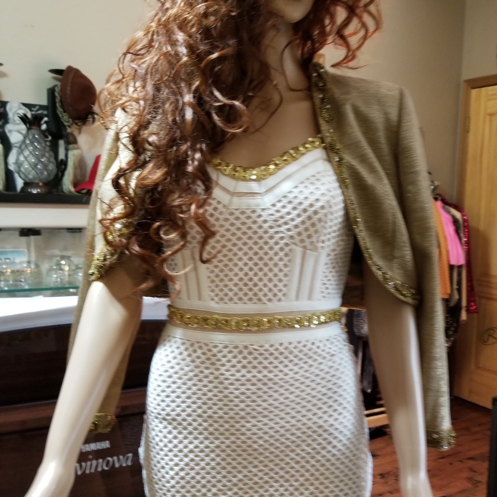 Fishnet Nude Bandage Dress Gold Trim